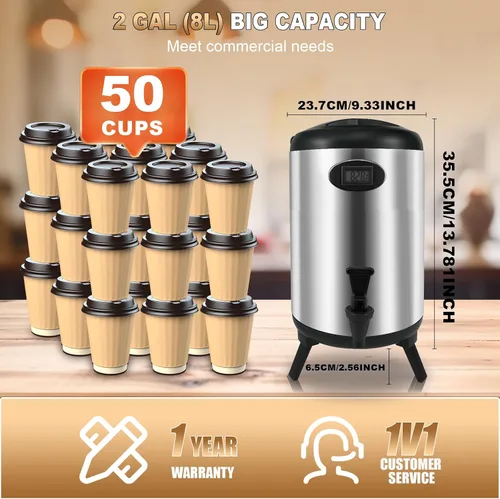 Vista 8 de Dispensador de bebidas aislado de 2 galones, dispensador de bebidas calientes de acero inoxidable con soporte, dispensador de agua caliente térmico