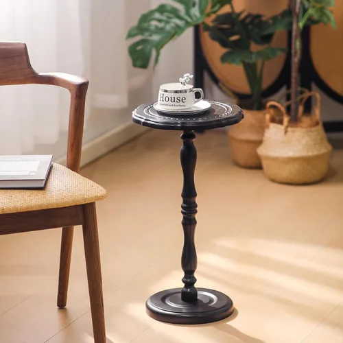 Vista 7 de Mesa de bebidas, mesa auxiliar pequeña para espacios pequeños, mesita de noche redonda de madera maciza moderna para sala de estar, dormitorio, Negro
