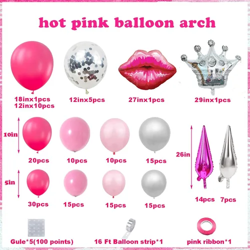Vista 2 de Kit de guirnalda de globos rosa y plateado de princesa de 173 piezas con estrella en explosión, globo de corona plateada para decoración de fiesta