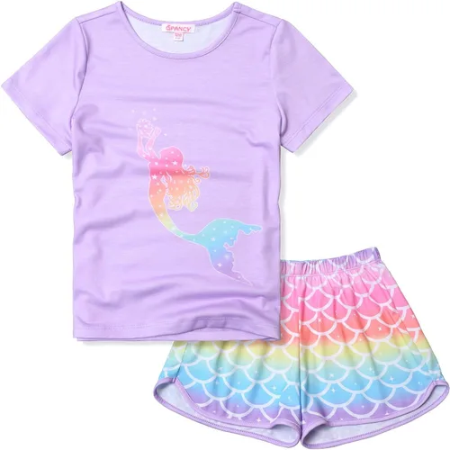 Vista 25 de QPANCY Pijamas de verano para niñas, conjuntos de pijamas de manga corta para dormir de verano
