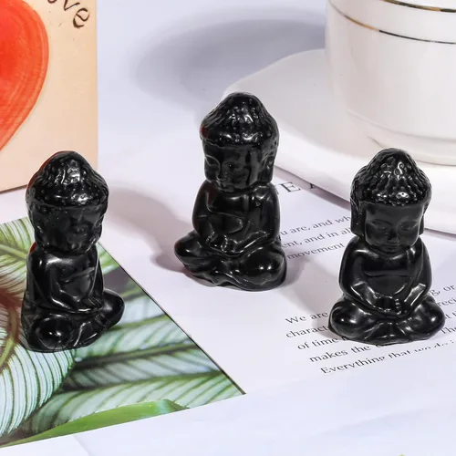 Vista 4 de Nupuyai Estatua de Buda tallada a mano con piedra de cristal para oficina en casa, escultura de piedra de obsidiana negra curativa de Reiki de 1.9