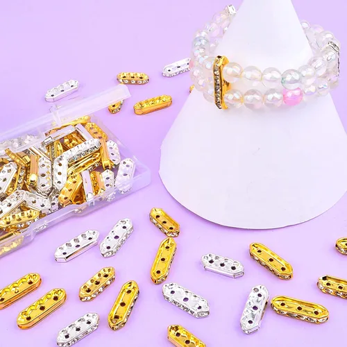 Vista 7 de 100 barras espaciadoras de diamantes de imitación de 3 agujeros, 6 barras espaciadoras de metal, conectores de eslabones para pulseras de múltiples
