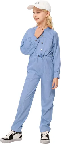 Vista 5 de Kukume Girls Long Sleeve Button Down Jumpsuits Rompers Straight Leg Cargo Pant with 5 Pockets