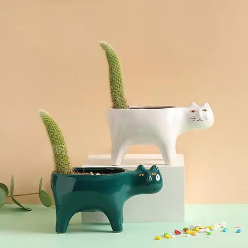 Vista 4 de DIYOMR Macetero de animales para suculentas, macetas de cerámica para gatos, contenedores de cactus o plantas para decoración del hogar, oficina