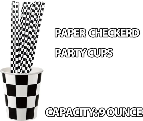 Vista 5 de 30 tazas de papel a cuadros para fiestas de coches de carreras en blanco y negro, para fiestas de cumpleaños temáticas de carreras