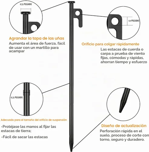 Vista 4 de Paquete de 8 estacas de tienda de campaña resistentes de 12 pulgadas de acero para acampar irrompibles e inflexibles Negro