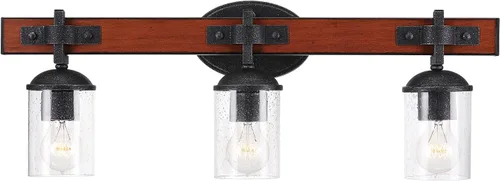 Vista 2 de Globe Electric 51854 Kingston - Lámpara de tocador de 3 luces, madera sintética oscura, detalles de metal galvanizado, pantalla de vidrio sembrado