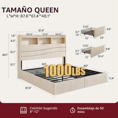 Vista 2 de BRELTAM Base de cama tamaño Queen con 6 cajones de almacenamiento, plataforma tapizada de lino con estación de carga y luces LED, diseño de cabecera