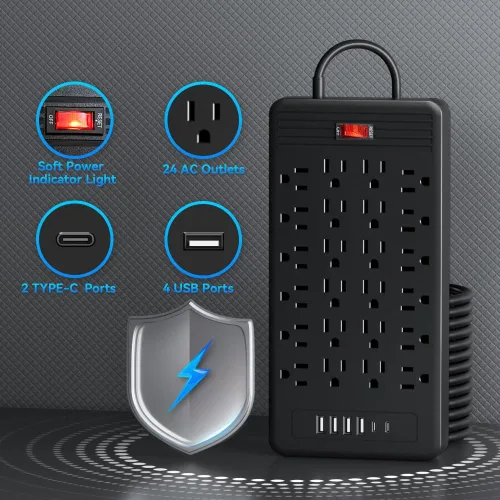 Vista 7 de Regleta protectora de sobretensiones de 24 tomacorrientes – Cable de extensión de enchufe plano de 5 pies con 24 tomas amplias y 4 puertos USB, 2
