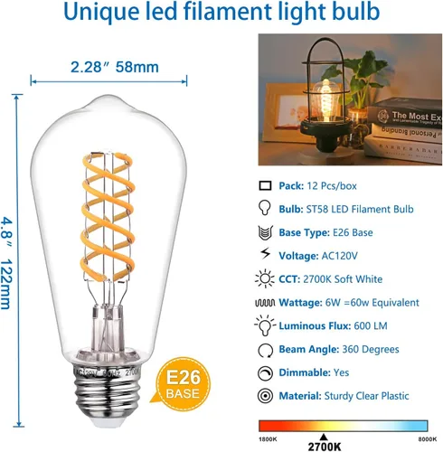 Vista 2 de Paquete de 12 bombillas LED Edison regulables equivalentes a 60 Blanco cálido 2700K
