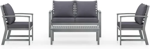 Vista 2 de Ensemble Salon de Jardin 4 Pièces en Acacia Massif Gris Patiné, Table et Banc con 2 Fauteuils, Confortable et Résistant aux Intempéries Pour