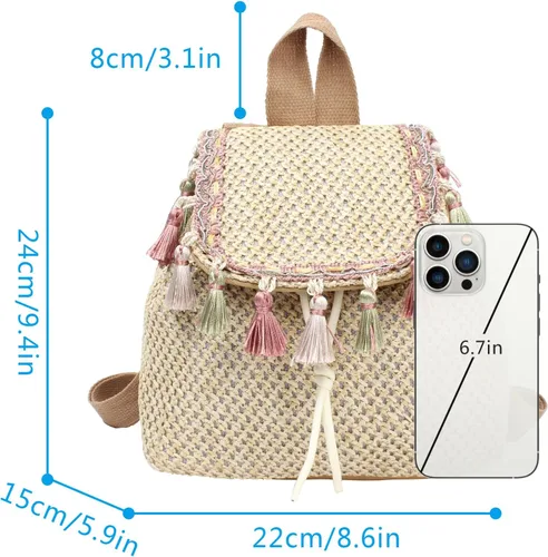 Vista 3 de Meyaus Mochila tejida de paja pequeña con borlas y cordón para mujer, Borlas Caqui, Mochilas Daypack