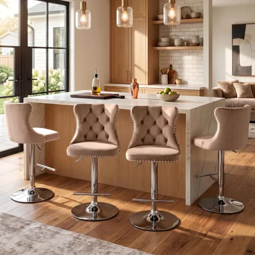 Vista 75 de SoarFlash Juego de 2 taburetes de bar tapizados de terciopelo moderno con patas de madera, botones acolchados, cabeza de clavo cromada, asiento