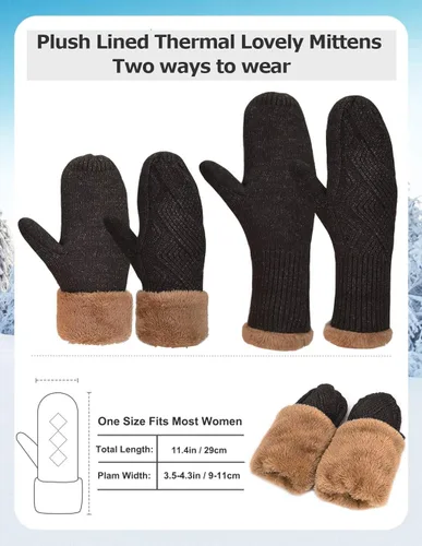 Vista 5 de MAYLISACC Gorro y guantes para mujer, gorro térmico de punto de invierno, 2 piezas, con forro polar grueso para mujer