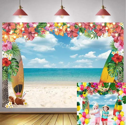 Vista 8 de Fondo de playa hawaiana para verano, cielo, océano, palmera tropical, tabla de surf, fondo de fotografía, baby shower, decoración de fiesta