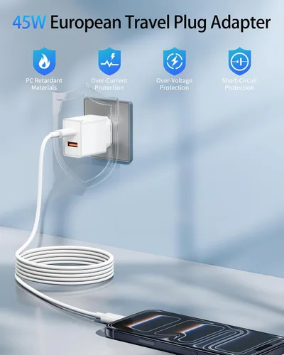 Vista 4 de adaptador europeo del enchufe del viaje 45W, cargador rápido del USB C del convertidor de corriente de 2 puertos Accessories for Europe trips, For