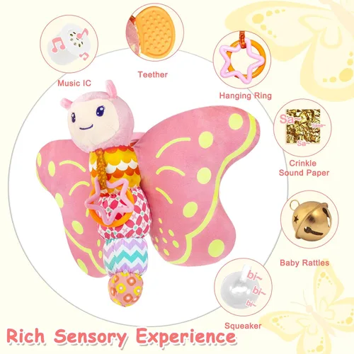 Vista 2 de Juguetes para bebés de 0 a 6 meses, animal de peluche sensorial musical infantil con chirriador, sonajero, alas arrugadas, mordedor y anillo