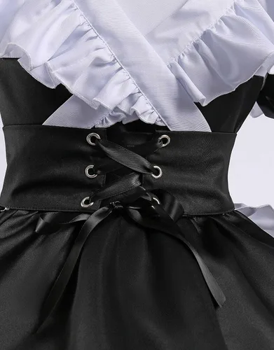 Vista 5 de miccostumes Disfraz de cosplay para mujer, vestido de sirvienta con calcetines y diadema