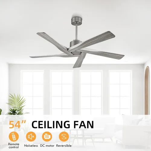 Vista 8 de WINGBO - Ventilador de techo de 54" de ABS con motor DC sin luz, ventilador de techo de 5 aspas con veta de madera de ABS con control remoto, motor
