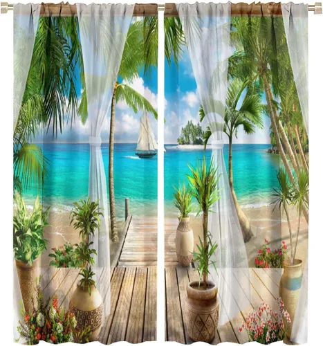 Vista 25 de Cortinas de playa con estampado de plantas tropicales y árboles de coco, paisaje natural, con bolsillo para barra, 2 paneles, decoración