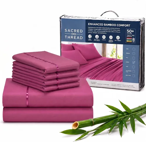 Vista 14 de Sacred Thread Sábanas de rayón derivado de bambú tamaño individual, sábanas refrescantes de bolsillo profundo de 18 pulgadas para personas que