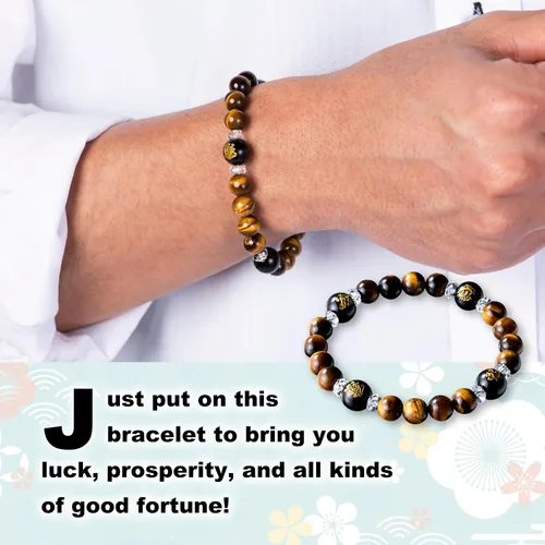 Vista 2 de Pulseras de amuleto de la suerte Lucky Shop fabricadas en Japón, pulsera de la suerte feng shui de ágata negra y ojo de tigre con cristal