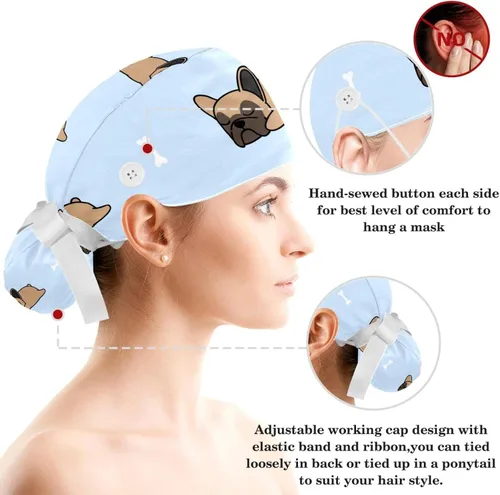 Vista 3 de Gorro de trabajo + gorro de amarre para el cabello, gorro de atadura con banda para el sudor, gorro de uniforme médico Bulldog francés para cachorros