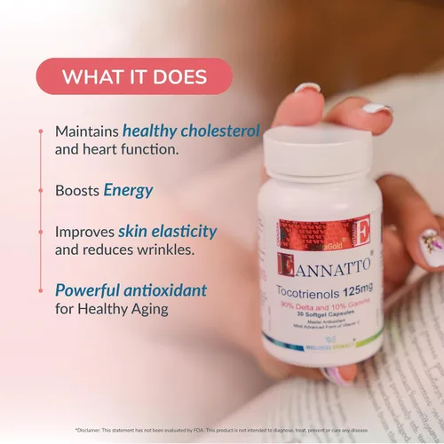 Vista 4 de WELLNESS EXTRACT Eannatto Tocotrienoles Suplementos de vitamina E sin tocoferol, sin OMG, sin gluten y antioxidante (125 mg 30 cápsulas blandas)