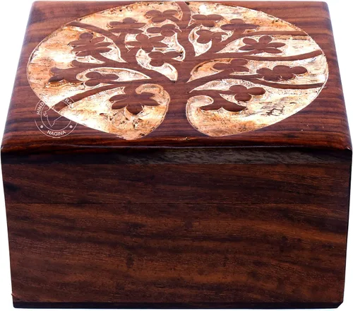 Vista 35 de Urna de madera antigua hecha a mano con grabado del árbol de la vida tallada a mano para mujeres y hombres, joyas Acentos de decoración del hogar