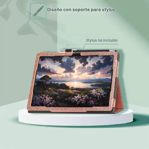 Vista 6 de Funda para tablet T-Mobile Revvl Tab 5G - Funda de piel sintética con soporte para lápices, purpurina oro rosa