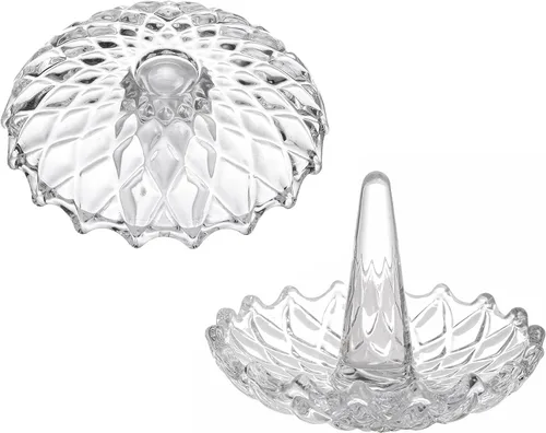 Vista 7 de MyGift Cono de cristal transparente con bandeja, soporte para anillo de boda de compromiso con diseño redondo de explosión de estrellas, plato