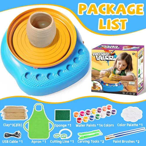 Vista 2 de Vinkp Rueda de cerámica para niños, kit completo de pintura de cerámica, artes y manualidades para niños de 8 a 12 años con arcilla seca al aire