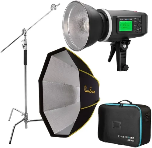 Vista 7 de Flashpoint XPLOR 600 HSS R2 Kit de fotografía de luz estroboscópica con flash de estudio con R2 integrado de 2.4 GHz, montaje Bowens, 600 W, batería
