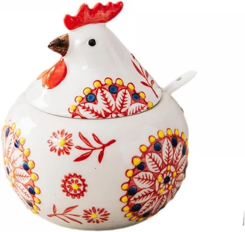 Vista 7 de Olla de condimentos de porcelana con tapa y cuchara, tazón de sal de 11 oz para cocina, forma de pollo