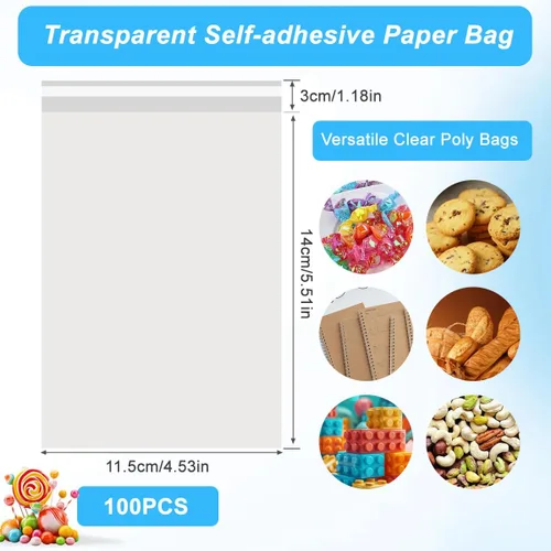 Vista 2 de 100 bolsas planas de celofán de 4.5 x 5.5 pulgadas con sellado automático transparente para aperitivos, panadería, dulces