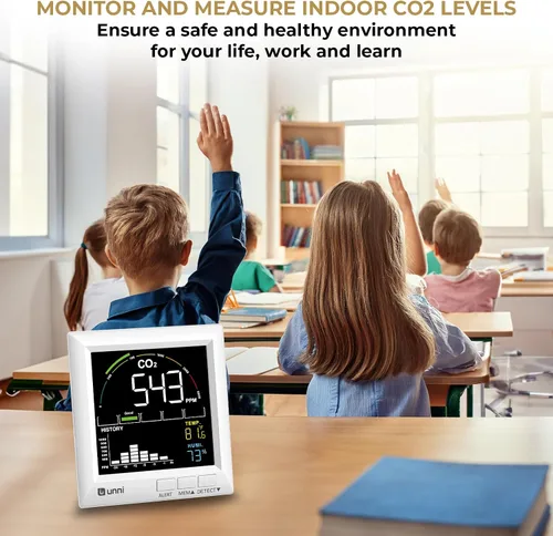 Vista 7 de Monitor de CO2 U UNNI Detector de Dióxido de Carbono para el Hogar, 3 Volumenes Ajustables para Alertas y 3 Retroiluminación Ajustable, Sensor