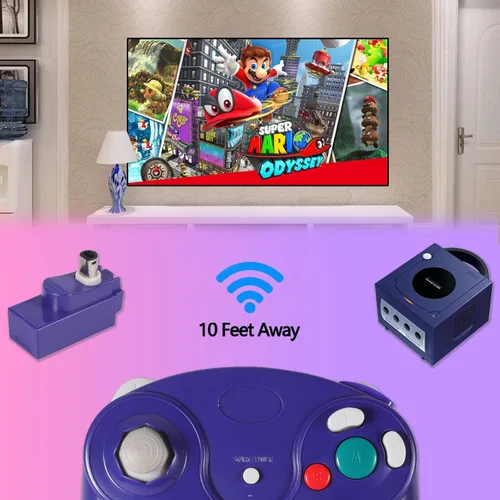 Vista 2 de Dliaonew 24G Wireless Gamecube Controller Classic Gamecube Wii Controller with Receiver Adapter for Wii Gamecube NGC Pink and Purple