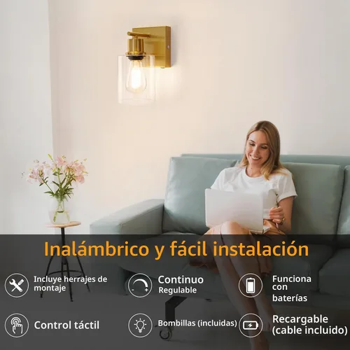 Vista 3 de Juego de 2 lámparas de pared, apliques de pared que funcionan con pilas, lámpara de pared moderna de latón cepillado ajustable inalámbrica