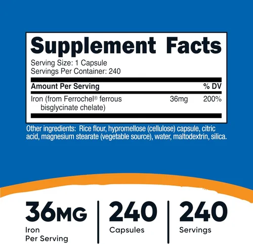 Vista 2 de Nutricost Hierro quelado, Como Ferrochel, 36 mg, 240 Cápsulas (2 Botellas)
