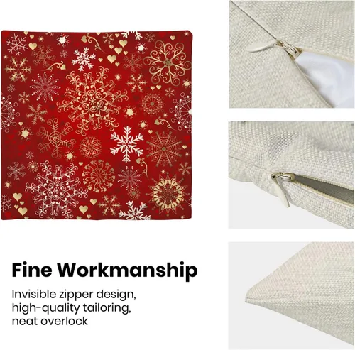 Vista 6 de Fundas de almohada de Navidad de 16 x 16 pulgadas, almohadas decorativas de Navidad con copos de nieve dorados, blancos y rojos para sofá, fundas