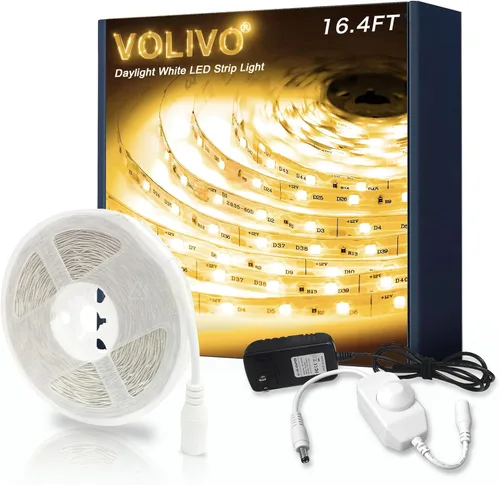 Vista 7 de VOLIVO - Tira de luces LED blancas, 16.4 pies, tira de luces LED de intensidad regulable 6500K, luz blanca brillante de día, adhesivo fuerte, tira
