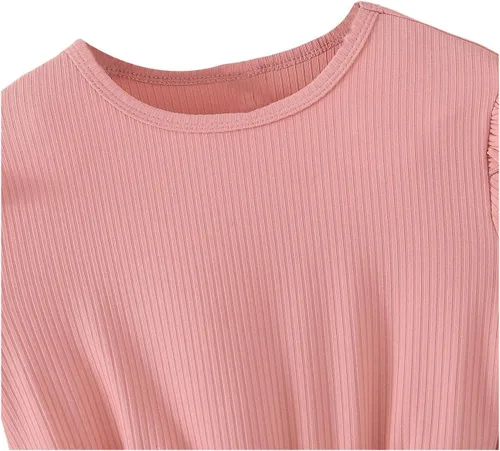 Vista 6 de OYOANGLE Vestido casual de verano para niña, vestido corto fruncido de manga corta con lazo y cinturón acampanado de cintura alta