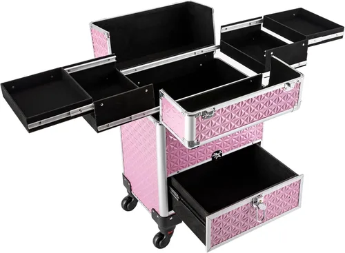 Vista 11 de Estuche de maquillaje con ruedas para cosméticos, carrito grande para cosméticos con cerraduras, organizador de almacenamiento de cosméticos, Negro