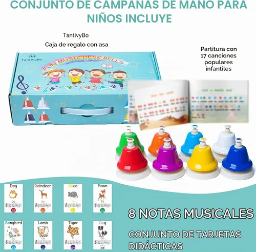 Vista 2 de Campanas de Escritorio, Campanas de Mano Diatónicas Arcoíris para Niños con 17 Libros de Canciones y Tarjetas Musicales Flash, Juguetes