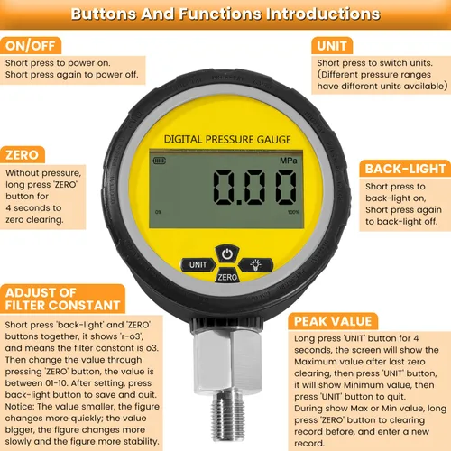 Vista 5 de Manómetro de presión hidráulica digital de 10000PSI Sensor de presión Manómetro con conector NPT de 1/4 de pulgada Base Entrada 700BAR/70Mpa 3.15