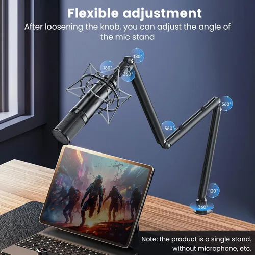 Vista 5 de Brazo de micrófono ajustable para micrófonos ligeros, soporte de escritorio giratorio de 30 pulgadas con gestión de cables y hilos de 3/8 pulgadas