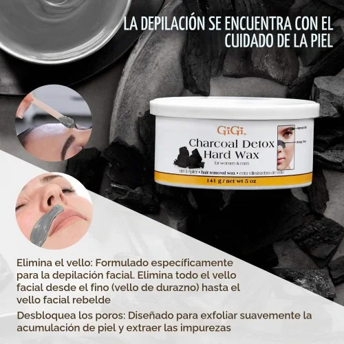 Vista 4 de GiGi Cera dura de desintoxicación de carbón 5 oz Desintoxica los poros, exfolia la piel, la cara, el cabello en bikini y la piel sensible, salón
