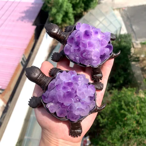 Vista 6 de Runyangshi Tortuga de amatista natural de 4.52 pulgadas, tortuga de cristal curativo de brotes de amatista, hecha a mano, decoración del hogar