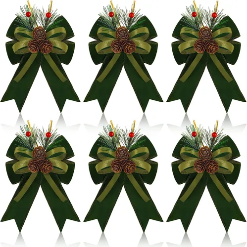 Vista 18 de Syhood - 6 lazos de Navidad a cuadros con piñas de pino, cintas de terciopelo negro, para corona de árbol de Navidad, decoración de fiestas
