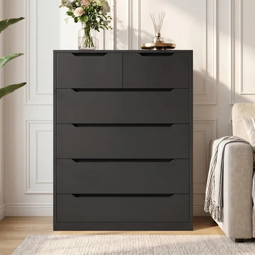 Vista 6 de Romorgniz - Cómoda negra para dormitorio con 6 cajones de madera, sin mango, 43.2 pulgadas de alto Modern Solid Chests of Drawer for Living Room